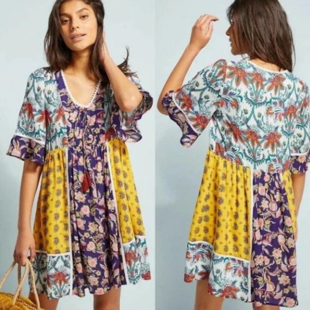 Anthropologie Lilka Patchwork Trapeze Dress Size S Mini Swing Paisley Floral